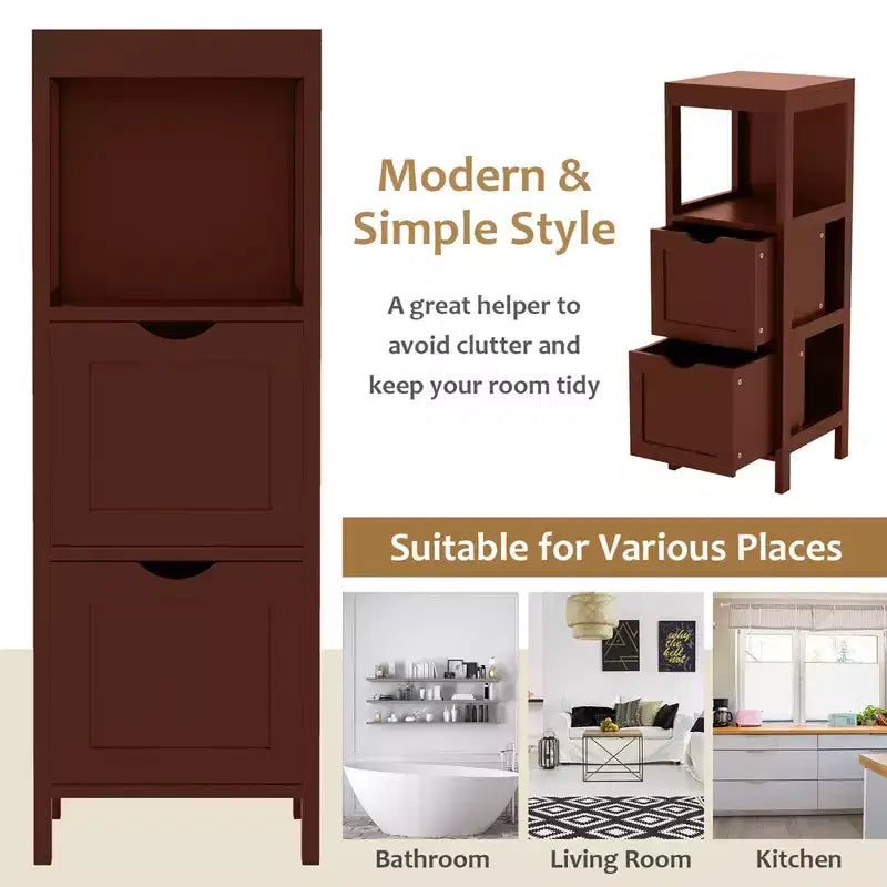 Meuble de salle de bain Costway au sol, organisateur de rangement latéral autoportant avec 2 tiroirs amovibles Marron/Gris/Noir