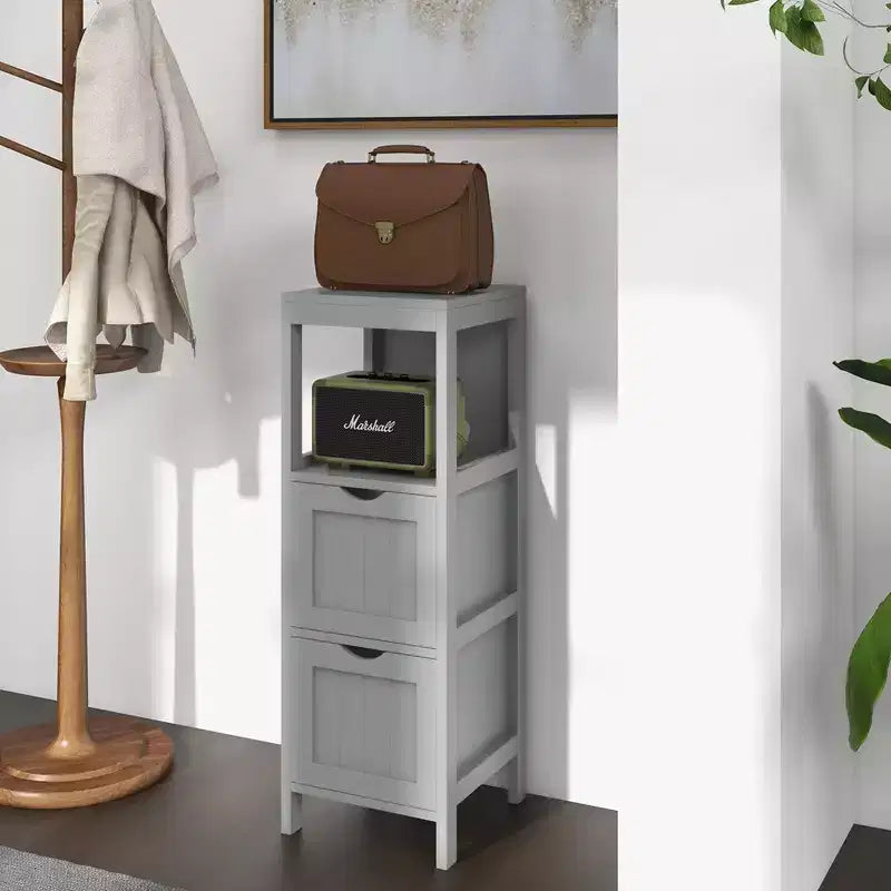 Meuble de salle de bain Costway au sol, organisateur de rangement latéral autoportant avec 2 tiroirs amovibles Marron/Gris/Noir