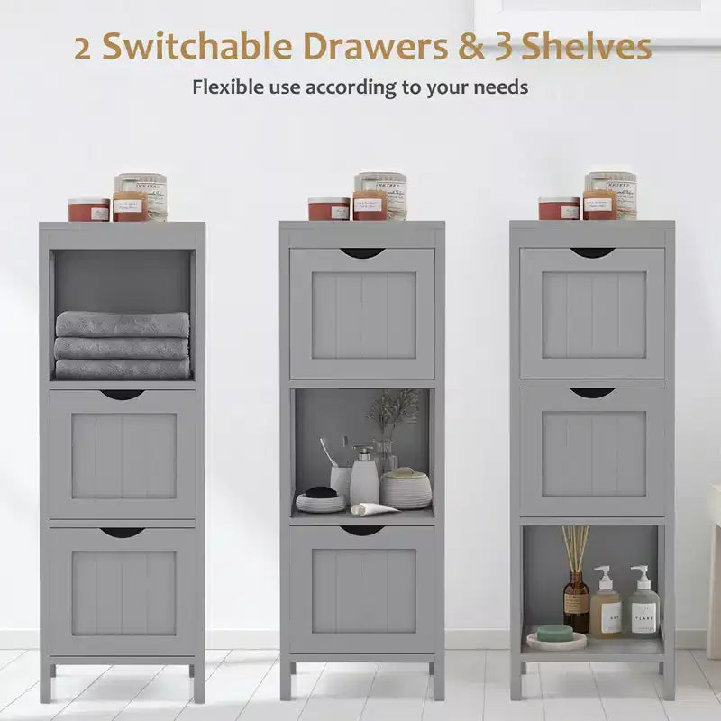 Meuble de salle de bain Costway au sol, organisateur de rangement latéral autoportant avec 2 tiroirs amovibles Marron/Gris/Noir