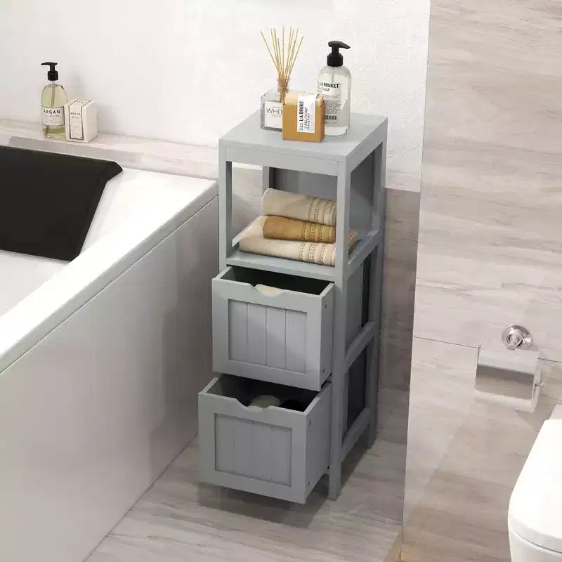 Meuble de salle de bain Costway au sol, organisateur de rangement latéral autoportant avec 2 tiroirs amovibles Marron/Gris/Noir