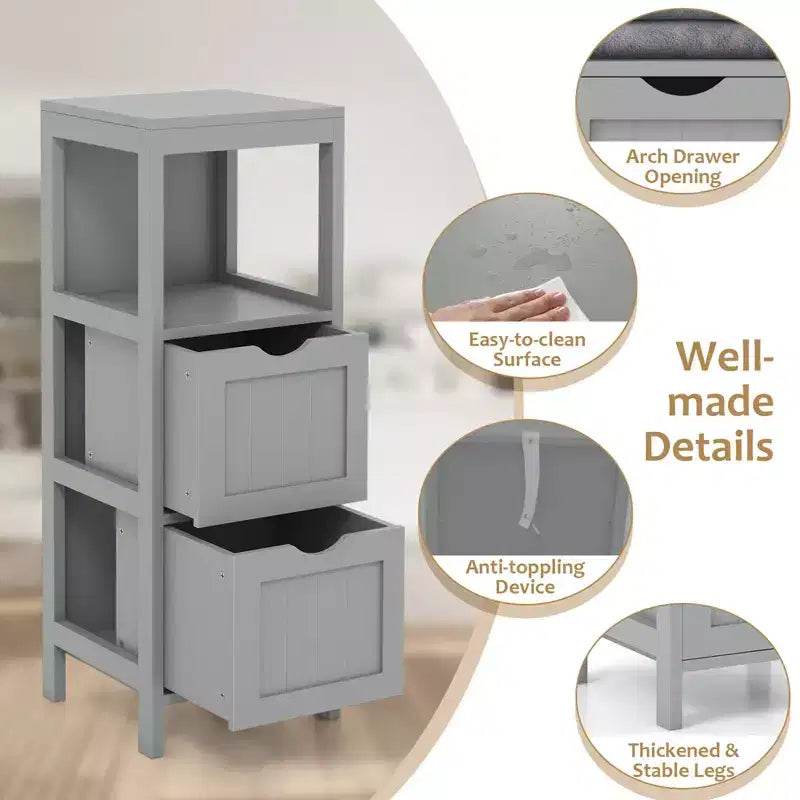 Meuble de salle de bain Costway au sol, organisateur de rangement latéral autoportant avec 2 tiroirs amovibles Marron/Gris/Noir