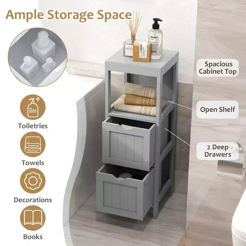 Meuble de salle de bain Costway au sol, organisateur de rangement latéral autoportant avec 2 tiroirs amovibles Marron/Gris/Noir