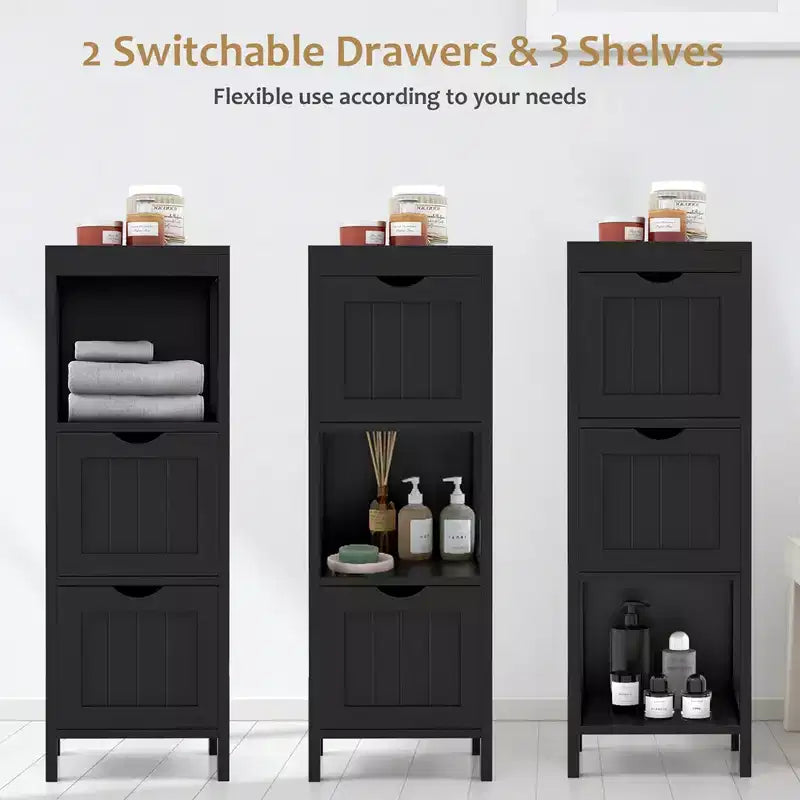 Meuble de salle de bain Costway au sol, organisateur de rangement latéral autoportant avec 2 tiroirs amovibles Marron/Gris/Noir