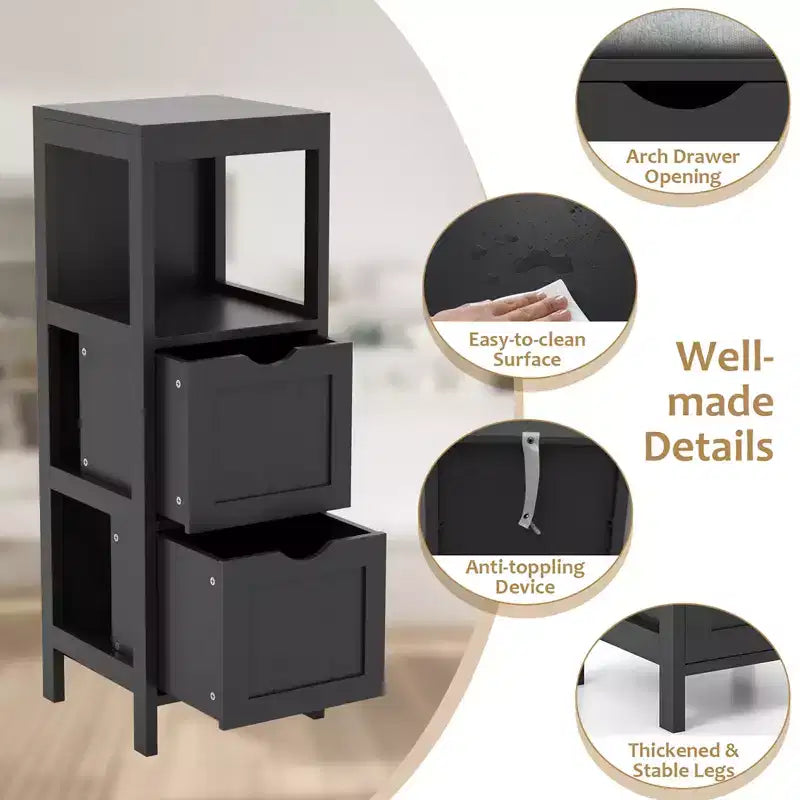 Meuble de salle de bain Costway au sol, organisateur de rangement latéral autoportant avec 2 tiroirs amovibles Marron/Gris/Noir
