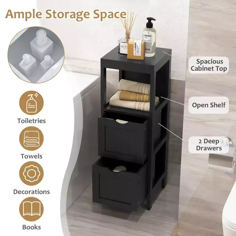 Meuble de salle de bain Costway au sol, organisateur de rangement latéral autoportant avec 2 tiroirs amovibles Marron/Gris/Noir