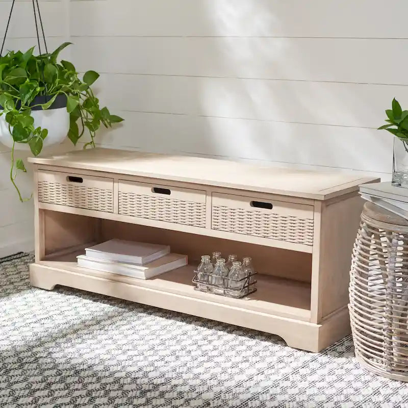 Banc de rangement 3 tiroirs avec étagère inférieure, une place – 120 cm (L) x 38 cm (P) x 48 cm (H) | Sable / Noir / Marron / Blanc vieilli