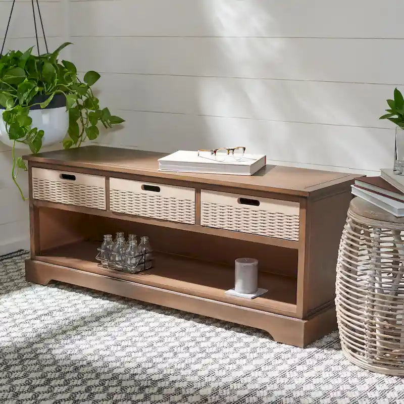 Banc de rangement 3 tiroirs avec étagère inférieure, une place – 120 cm (L) x 38 cm (P) x 48 cm (H) | Sable / Noir / Marron / Blanc vieilli