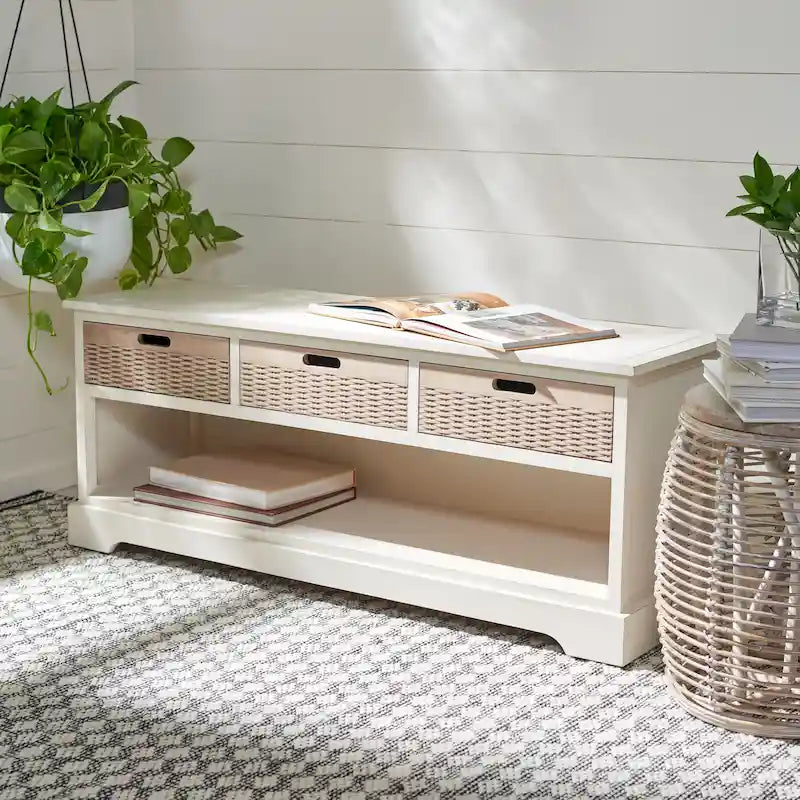 Banc de rangement 3 tiroirs avec étagère inférieure, une place – 120 cm (L) x 38 cm (P) x 48 cm (H) | Sable / Noir / Marron / Blanc vieilli