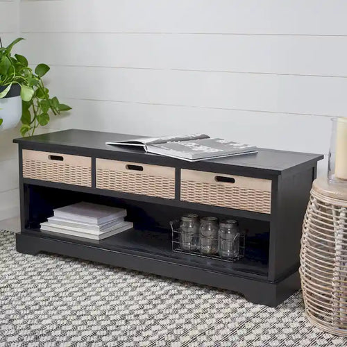 Banc de rangement 3 tiroirs avec étagère inférieure, une place – 120 cm (L) x 38 cm (P) x 48 cm (H) | Sable / Noir / Marron / Blanc vieilli