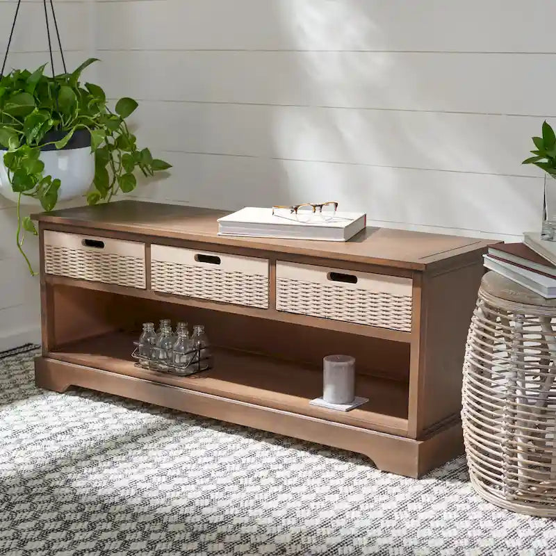 Banc de rangement 3 tiroirs avec étagère inférieure, une place – 120 cm (L) x 38 cm (P) x 48 cm (H) | Sable / Noir / Marron / Blanc vieilli