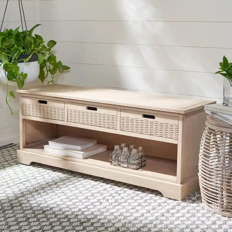 Banc de rangement 3 tiroirs avec étagère inférieure, une place – 120 cm (L) x 38 cm (P) x 48 cm (H) | Sable / Noir / Marron / Blanc vieilli