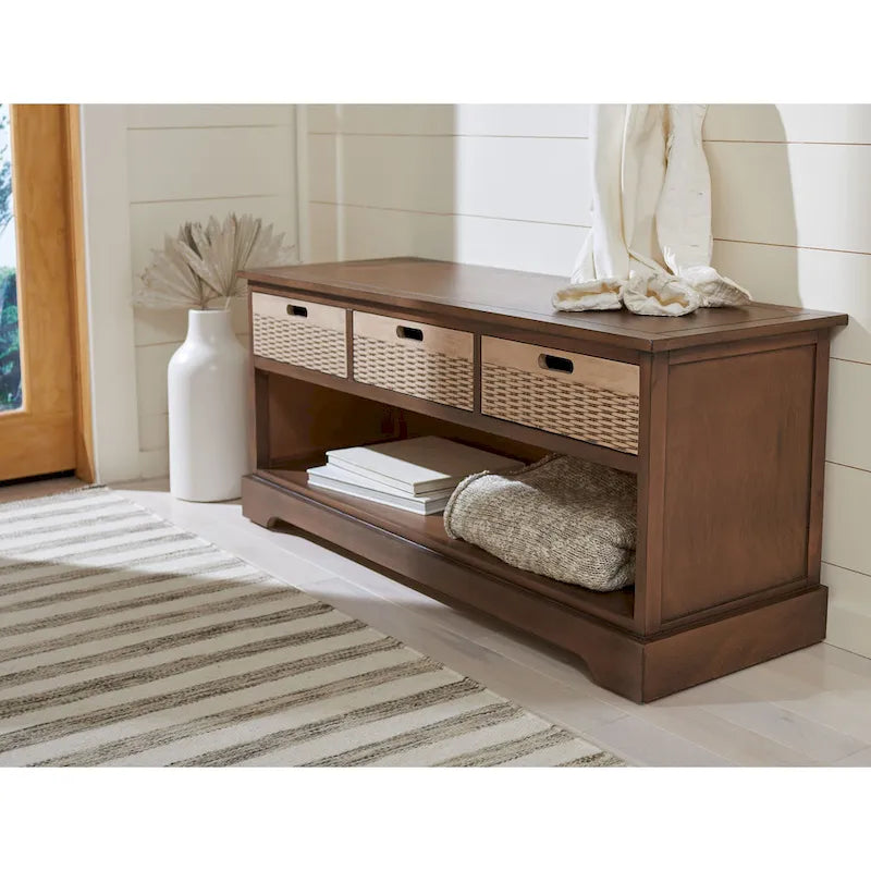 Banc de rangement 3 tiroirs avec étagère inférieure, une place – 120 cm (L) x 38 cm (P) x 48 cm (H) | Sable / Noir / Marron / Blanc vieilli