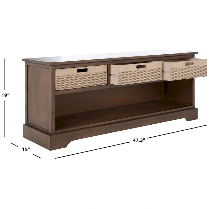 Banc de rangement 3 tiroirs avec étagère inférieure, une place – 120 cm (L) x 38 cm (P) x 48 cm (H) | Sable / Noir / Marron / Blanc vieilli