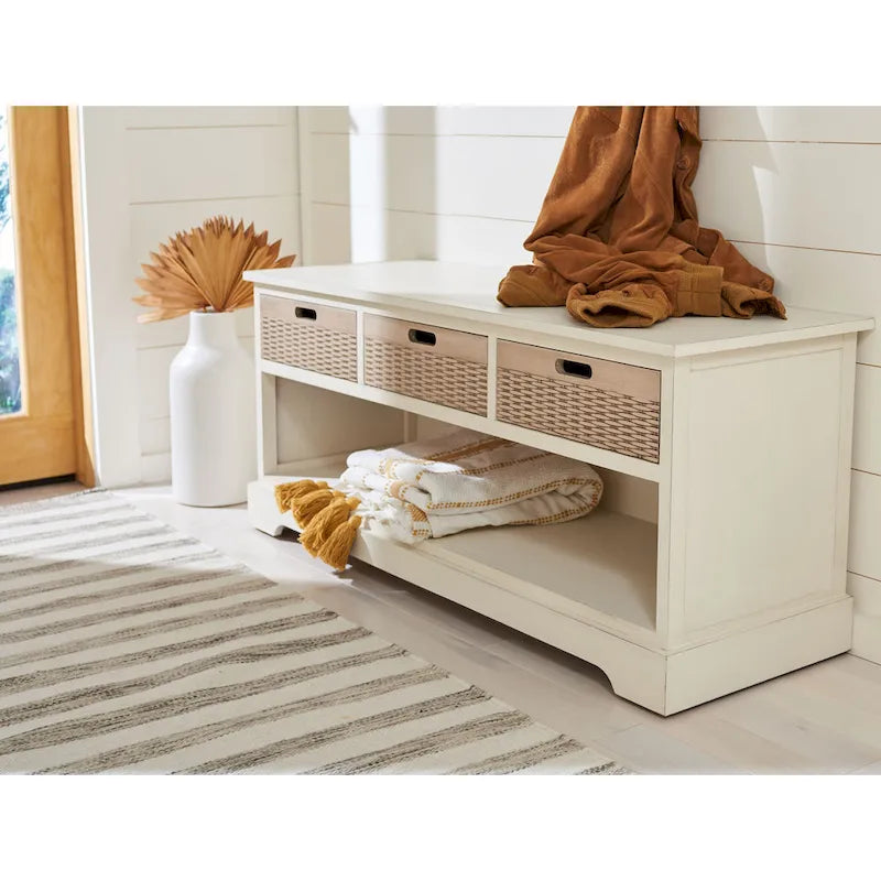 Banc de rangement 3 tiroirs avec étagère inférieure, une place – 120 cm (L) x 38 cm (P) x 48 cm (H) | Sable / Noir / Marron / Blanc vieilli