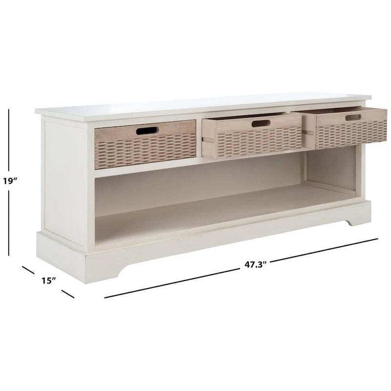 Banc de rangement 3 tiroirs avec étagère inférieure, une place – 120 cm (L) x 38 cm (P) x 48 cm (H) | Sable / Noir / Marron / Blanc vieilli