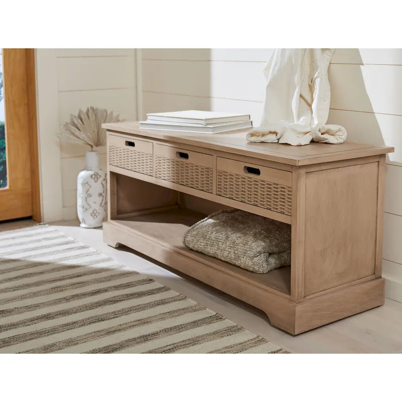 Banc de rangement 3 tiroirs avec étagère inférieure, une place – 120 cm (L) x 38 cm (P) x 48 cm (H) | Sable / Noir / Marron / Blanc vieilli