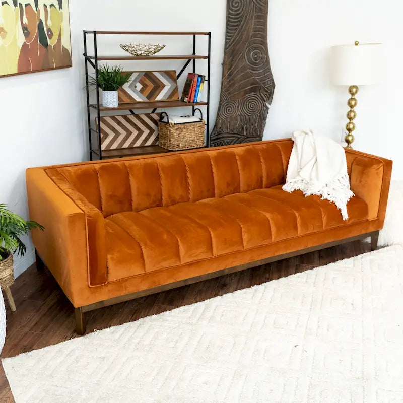 Canapé 2 places Mid-Century Modern | Velours & Bouclé | Vert / Ivoire / Orange