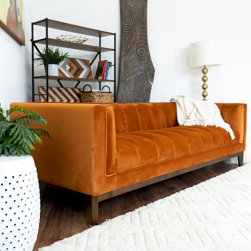 Canapé 2 places Mid-Century Modern | Velours & Bouclé | Vert / Ivoire / Orange