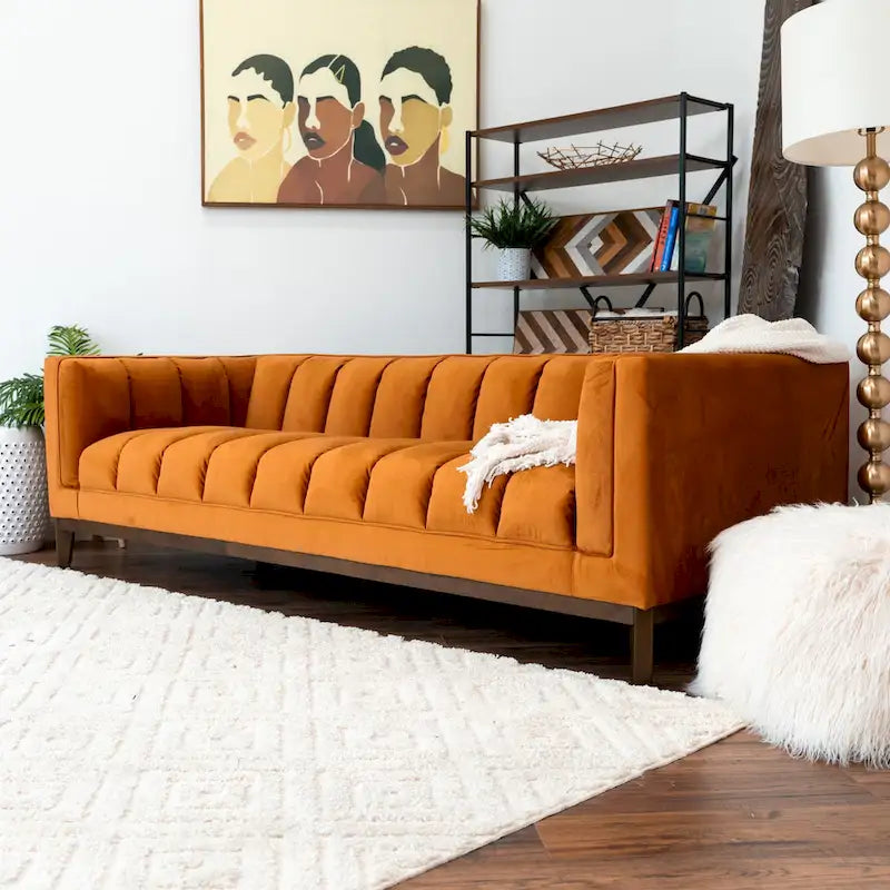 Canapé 2 places Mid-Century Modern | Velours & Bouclé | Vert / Ivoire / Orange
