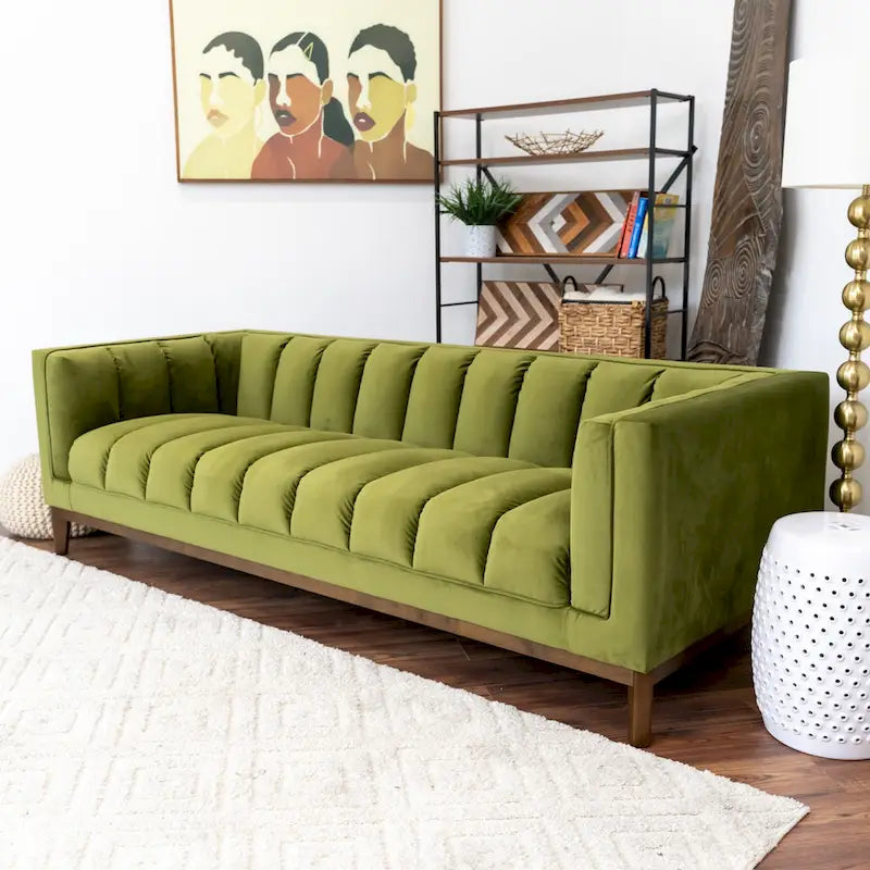 Canapé 2 places Mid-Century Modern | Velours & Bouclé | Vert / Ivoire / Orange