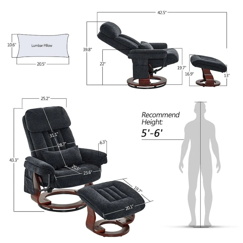 Fauteuil inclinable pivotant MCombo avec ottoman, chaise de bureau de loisirs, chaise longue ergonomique, tissu chenille 4687
