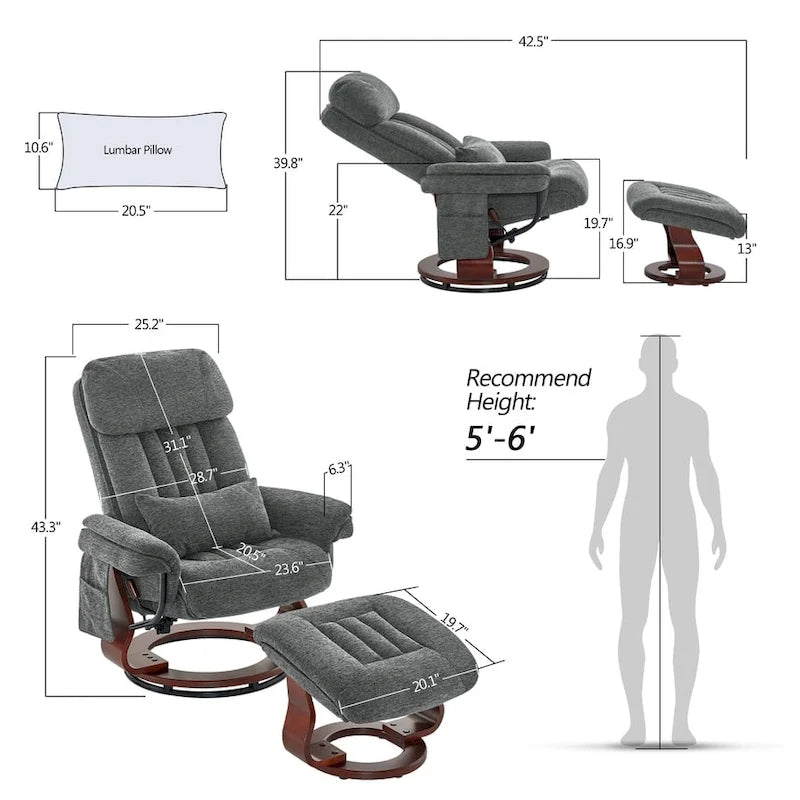 Fauteuil inclinable pivotant MCombo avec ottoman, chaise de bureau de loisirs, chaise longue ergonomique, tissu chenille 4687