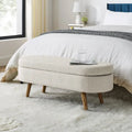 Pouffe de rangement ovale – Tissu plissé, pieds en bois d'hévéa (beige / blanc / gris), 2 places