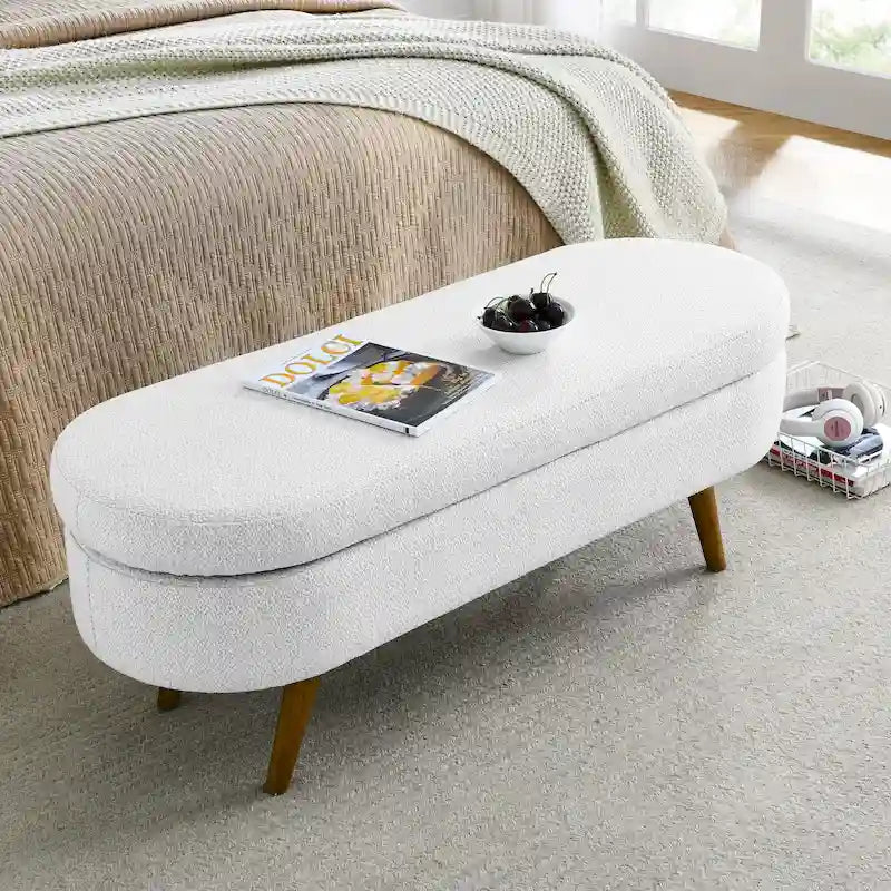 Pouffe de rangement ovale – Tissu plissé, pieds en bois d'hévéa (beige / blanc / gris), 2 places