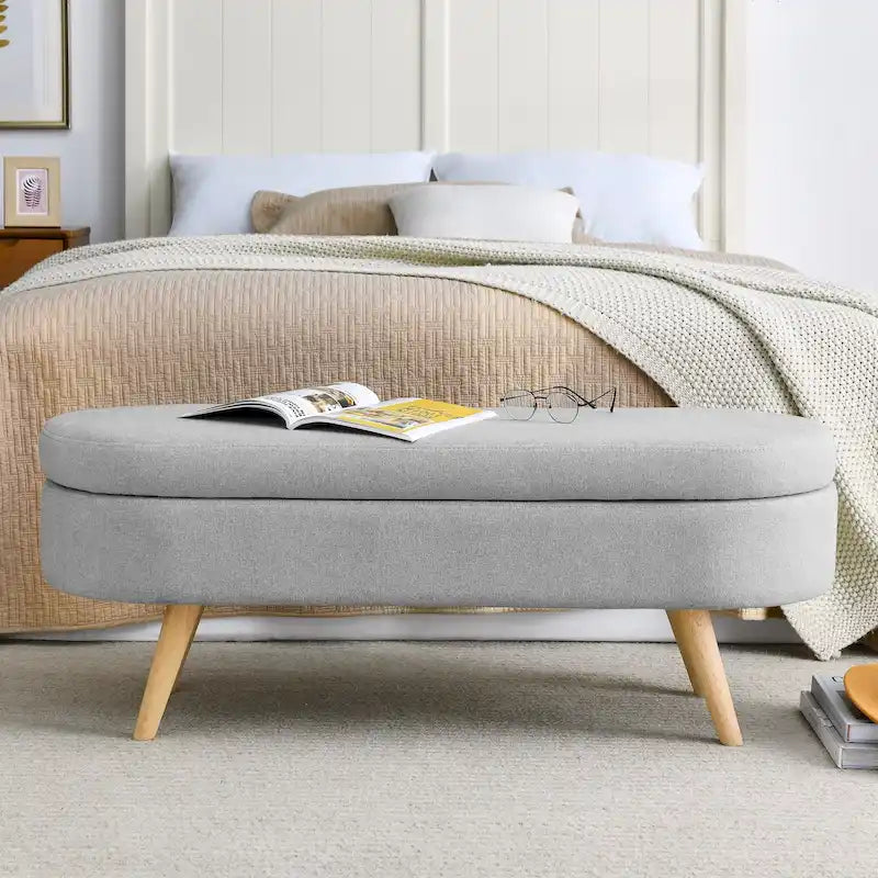 Pouffe de rangement ovale – Tissu plissé, pieds en bois d'hévéa (beige / blanc / gris), 2 places