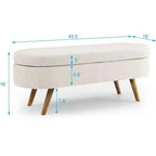 Pouffe de rangement ovale – Tissu plissé, pieds en bois d'hévéa (beige / blanc / gris), 2 places