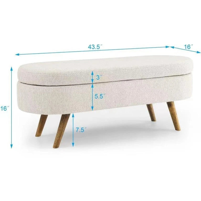 Pouffe de rangement ovale – Tissu plissé, pieds en bois d'hévéa (beige / blanc / gris), 2 places