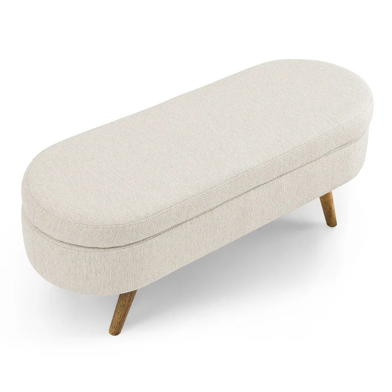 Pouffe de rangement ovale – Tissu plissé, pieds en bois d'hévéa (beige / blanc / gris), 2 places