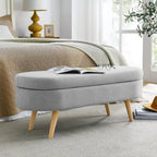 Pouffe de rangement ovale – Tissu plissé, pieds en bois d'hévéa (beige / blanc / gris), 2 places