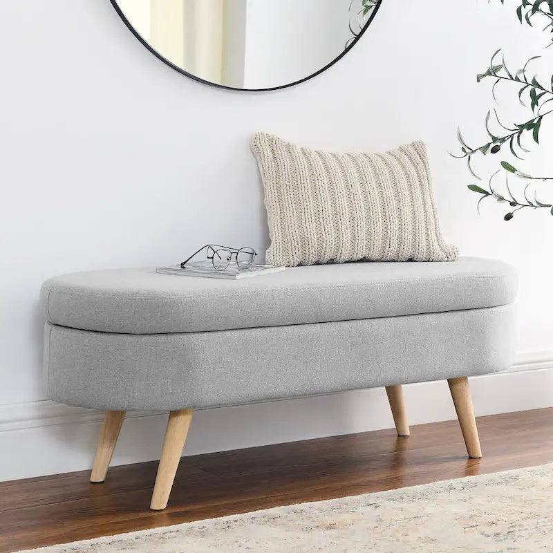 Pouffe de rangement ovale – Tissu plissé, pieds en bois d'hévéa (beige / blanc / gris), 2 places