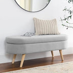 Pouffe de rangement ovale – Tissu plissé, pieds en bois d'hévéa (beige / blanc / gris), 2 places