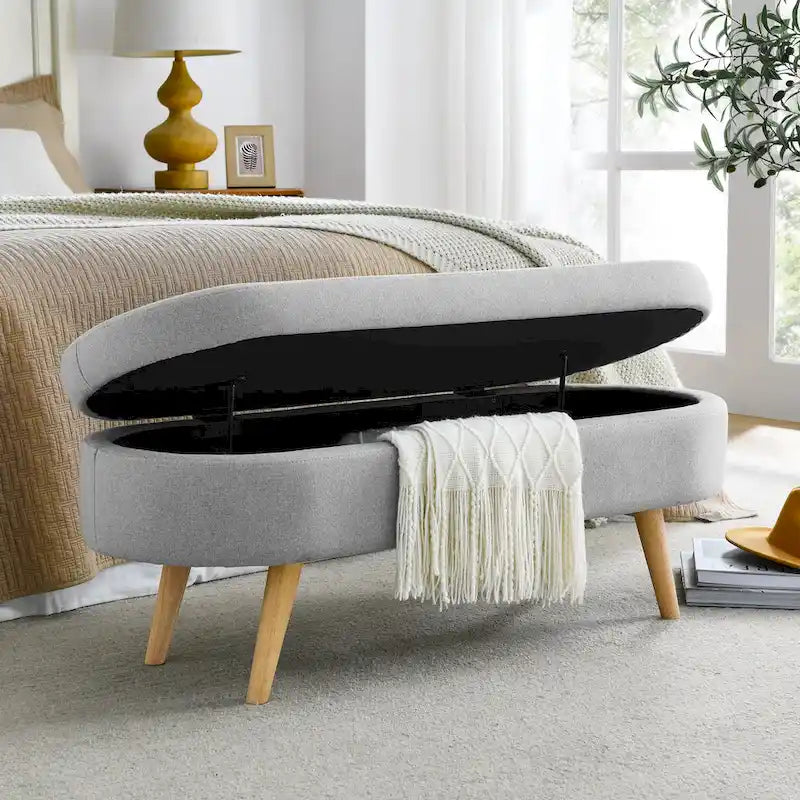 Pouffe de rangement ovale – Tissu plissé, pieds en bois d'hévéa (beige / blanc / gris), 2 places