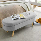 Pouffe de rangement ovale – Tissu plissé, pieds en bois d'hévéa (beige / blanc / gris), 2 places