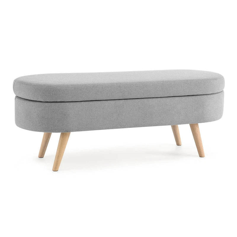 Pouffe de rangement ovale – Tissu plissé, pieds en bois d'hévéa (beige / blanc / gris), 2 places