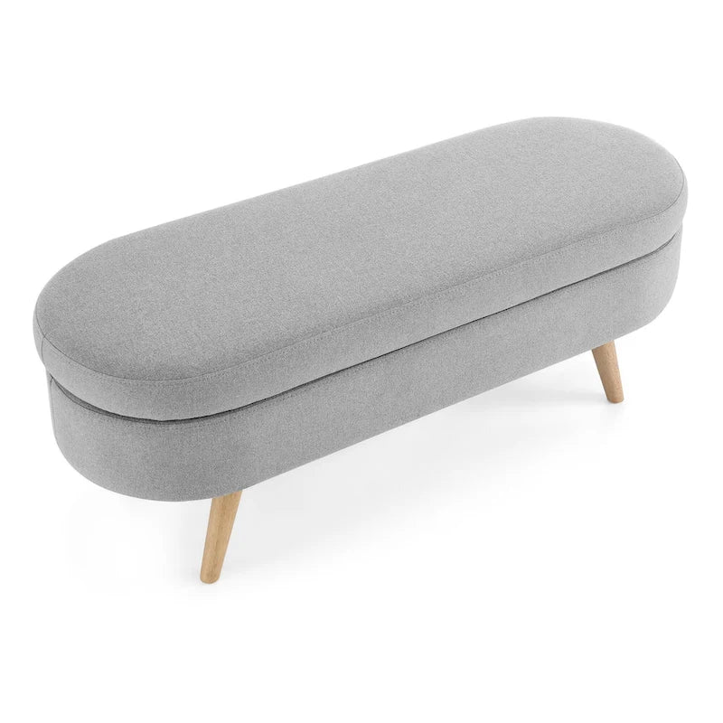 Pouffe de rangement ovale – Tissu plissé, pieds en bois d'hévéa (beige / blanc / gris), 2 places