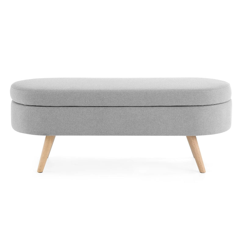Pouffe de rangement ovale – Tissu plissé, pieds en bois d'hévéa (beige / blanc / gris), 2 places