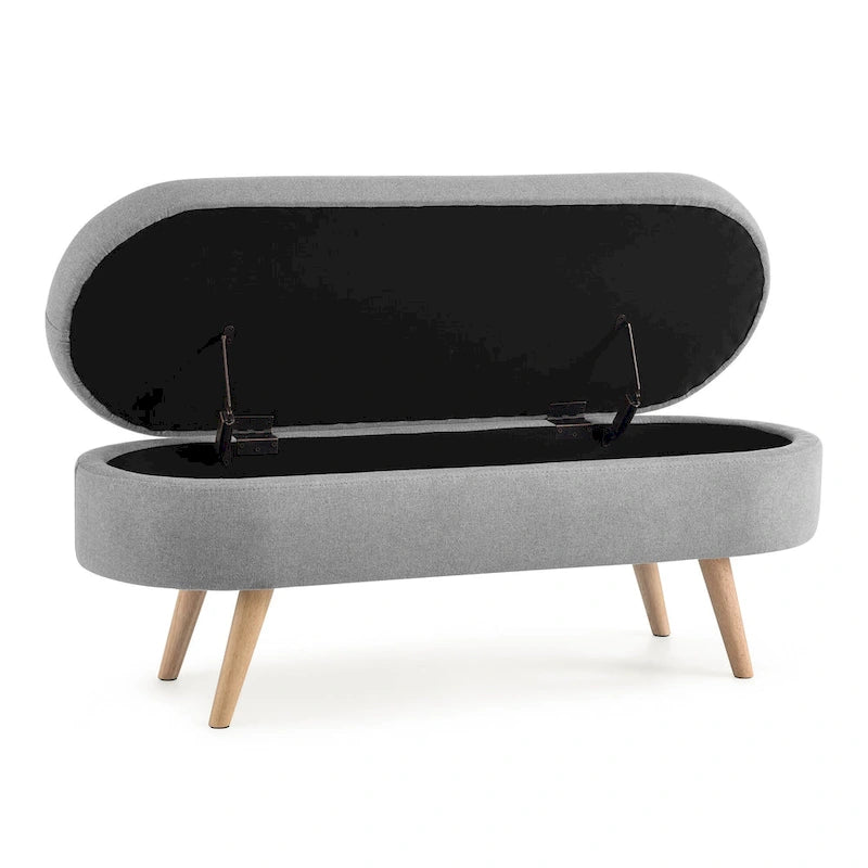 Pouffe de rangement ovale – Tissu plissé, pieds en bois d'hévéa (beige / blanc / gris), 2 places