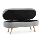 Pouffe de rangement ovale – Tissu plissé, pieds en bois d'hévéa (beige / blanc / gris), 2 places