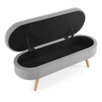Pouffe de rangement ovale – Tissu plissé, pieds en bois d'hévéa (beige / blanc / gris), 2 places