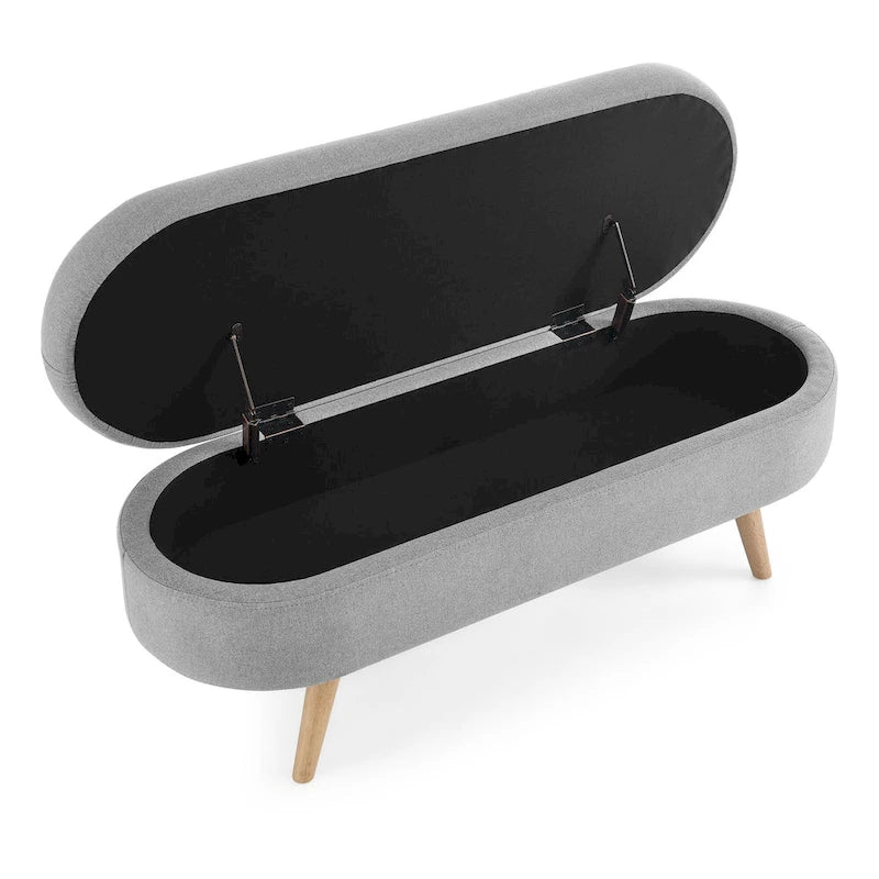 Pouffe de rangement ovale – Tissu plissé, pieds en bois d'hévéa (beige / blanc / gris), 2 places