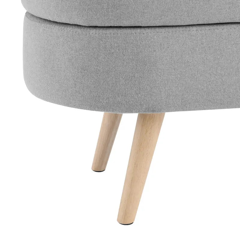 Pouffe de rangement ovale – Tissu plissé, pieds en bois d'hévéa (beige / blanc / gris), 2 places