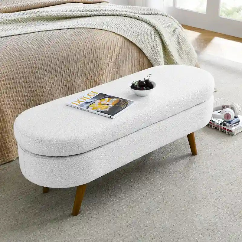 Pouffe de rangement ovale – Tissu plissé, pieds en bois d'hévéa (beige / blanc / gris), 2 places