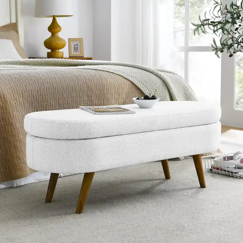 Pouffe de rangement ovale – Tissu plissé, pieds en bois d'hévéa (beige / blanc / gris), 2 places