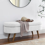 Pouffe de rangement ovale – Tissu plissé, pieds en bois d'hévéa (beige / blanc / gris), 2 places