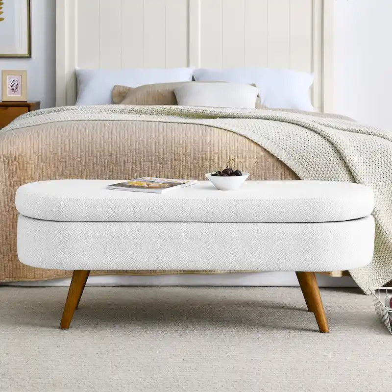 Pouffe de rangement ovale – Tissu plissé, pieds en bois d'hévéa (beige / blanc / gris), 2 places