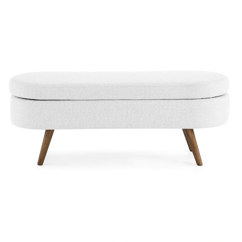 Pouffe de rangement ovale – Tissu plissé, pieds en bois d'hévéa (beige / blanc / gris), 2 places